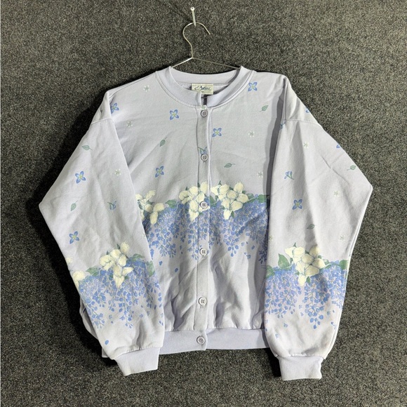 Art Unlimited Tops - Floral Cardigan Women’s Large Purple Lilac Pastel Vintage 90s Cottagecore